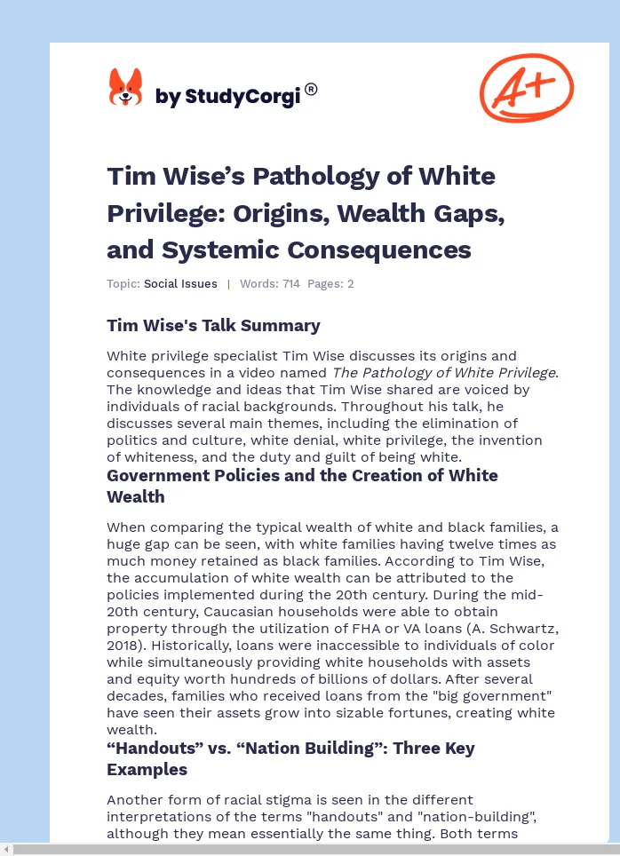 Tim Wise’s Pathology of White Privilege: Origins, Wealth Gaps, and Systemic Consequences. Page 1