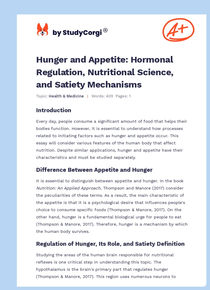 Hunger and Appetite: Hormonal Regulation, Nutritional Science, and Satiety Mechanisms. Page 1