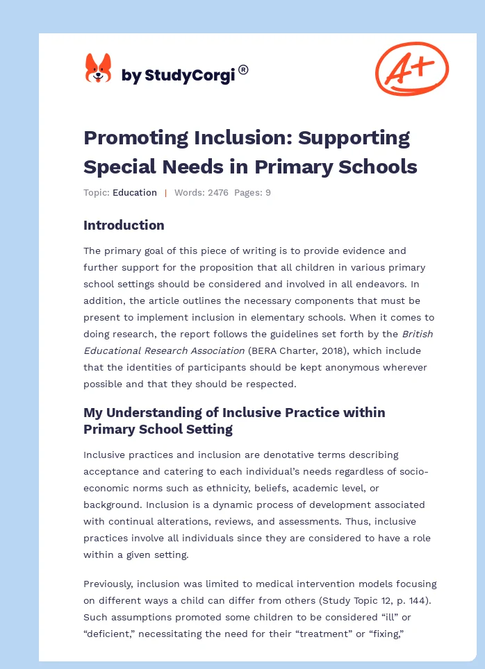 Promoting Inclusion: Supporting Special Needs in Primary Schools. Page 1