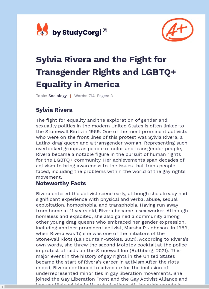 Sylvia Rivera and the Fight for Transgender Rights and LGBTQ+ Equality in America. Page 1