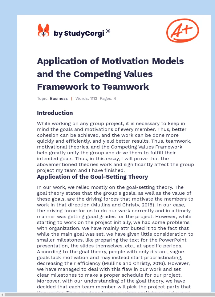 Application of Motivation Models and the Competing Values Framework to Teamwork. Page 1