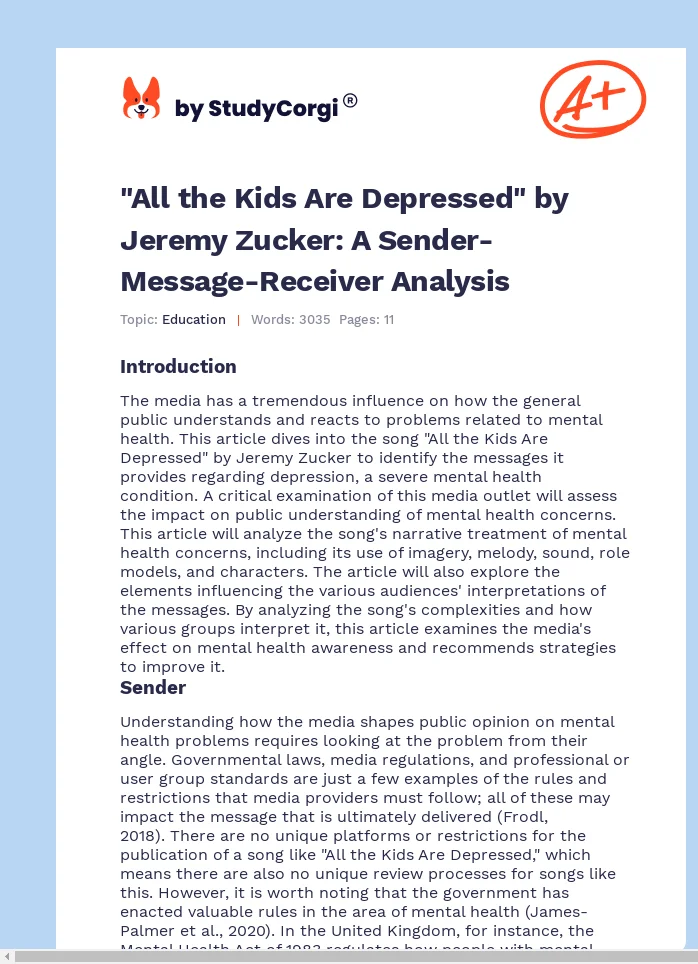"All the Kids Are Depressed" by Jeremy Zucker: A Sender-Message-Receiver Analysis. Page 1