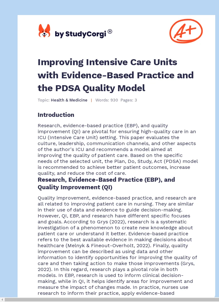 Improving Intensive Care Units with Evidence-Based Practice and the PDSA Quality Model. Page 1