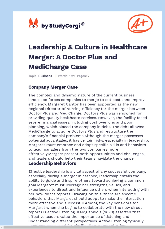 Leadership & Culture in Healthcare Merger: A Doctor Plus and MediCharge Case. Page 1