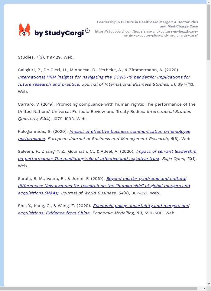 Leadership & Culture in Healthcare Merger: A Doctor Plus and MediCharge Case. Page 2
