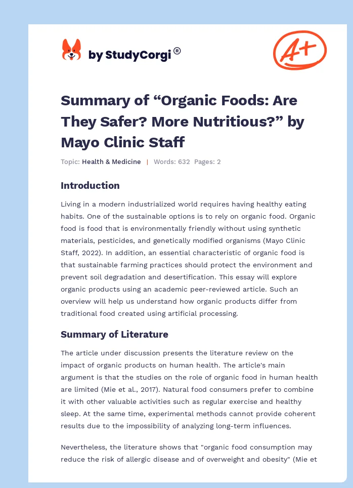 Summary of “Organic Foods: Are They Safer? More Nutritious?” by Mayo Clinic Staff. Page 1