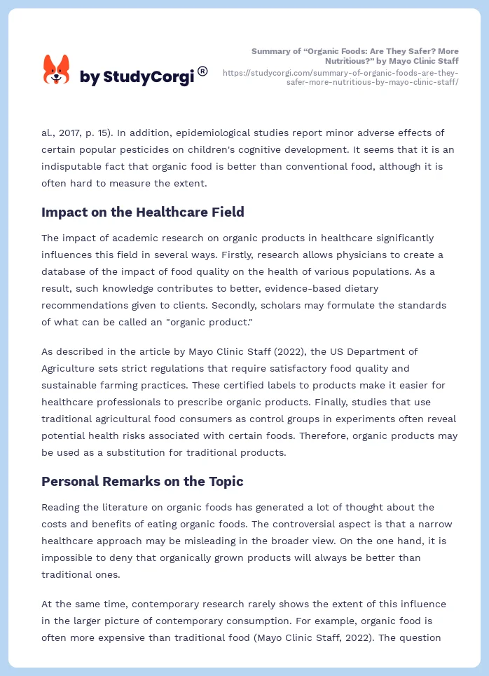 Summary of “Organic Foods: Are They Safer? More Nutritious?” by Mayo Clinic Staff. Page 2