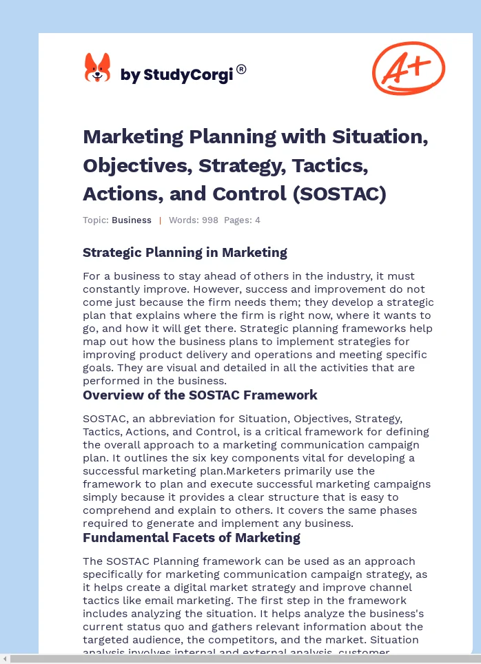 Marketing Planning with Situation, Objectives, Strategy, Tactics, Actions, and Control (SOSTAC). Page 1