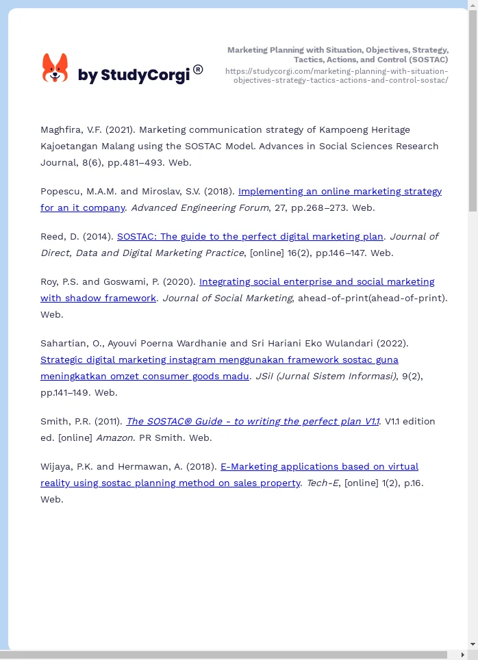 Marketing Planning with Situation, Objectives, Strategy, Tactics, Actions, and Control (SOSTAC). Page 2
