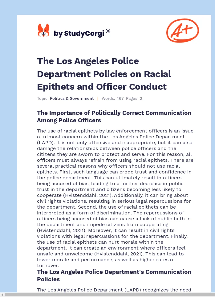 The Los Angeles Police Department Policies on Racial Epithets and Officer Conduct. Page 1