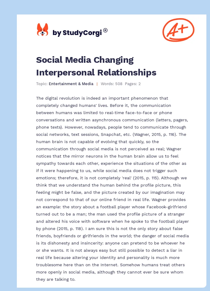 Social Media Changing Interpersonal Relationships. Page 1