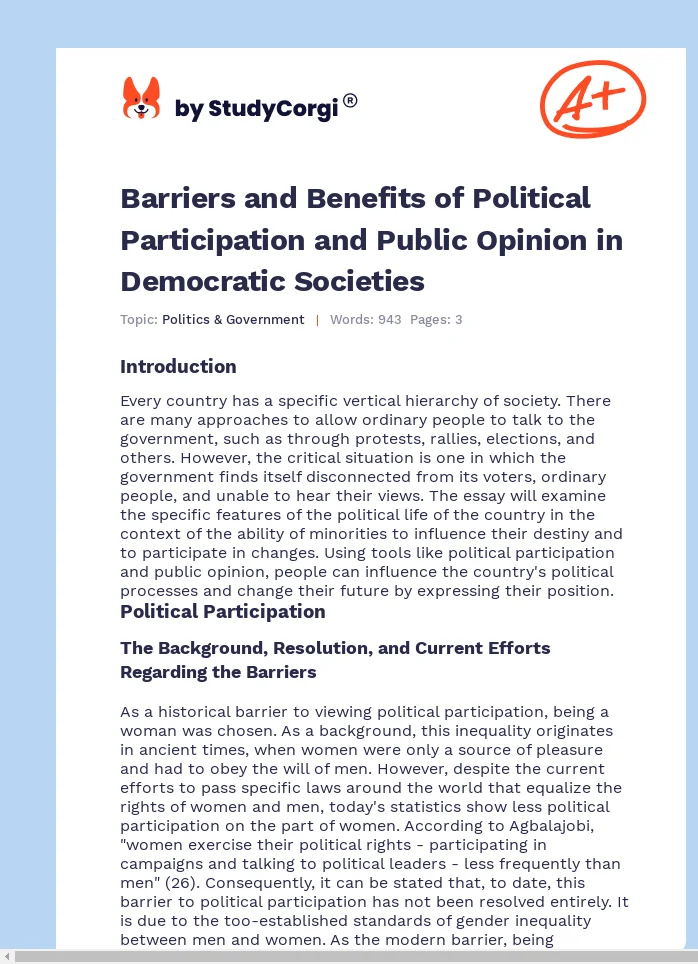 Barriers and Benefits of Political Participation and Public Opinion in Democratic Societies. Page 1