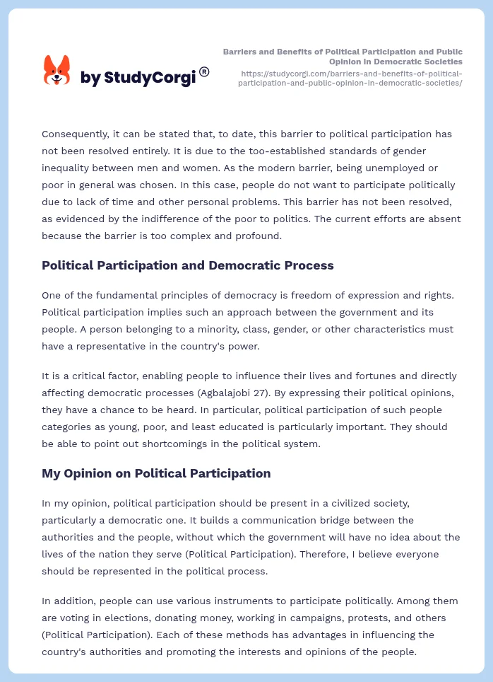 Barriers and Benefits of Political Participation and Public Opinion in Democratic Societies. Page 2