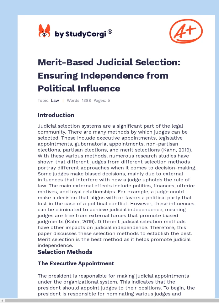 Merit-Based Judicial Selection: Ensuring Independence from Political Influence. Page 1