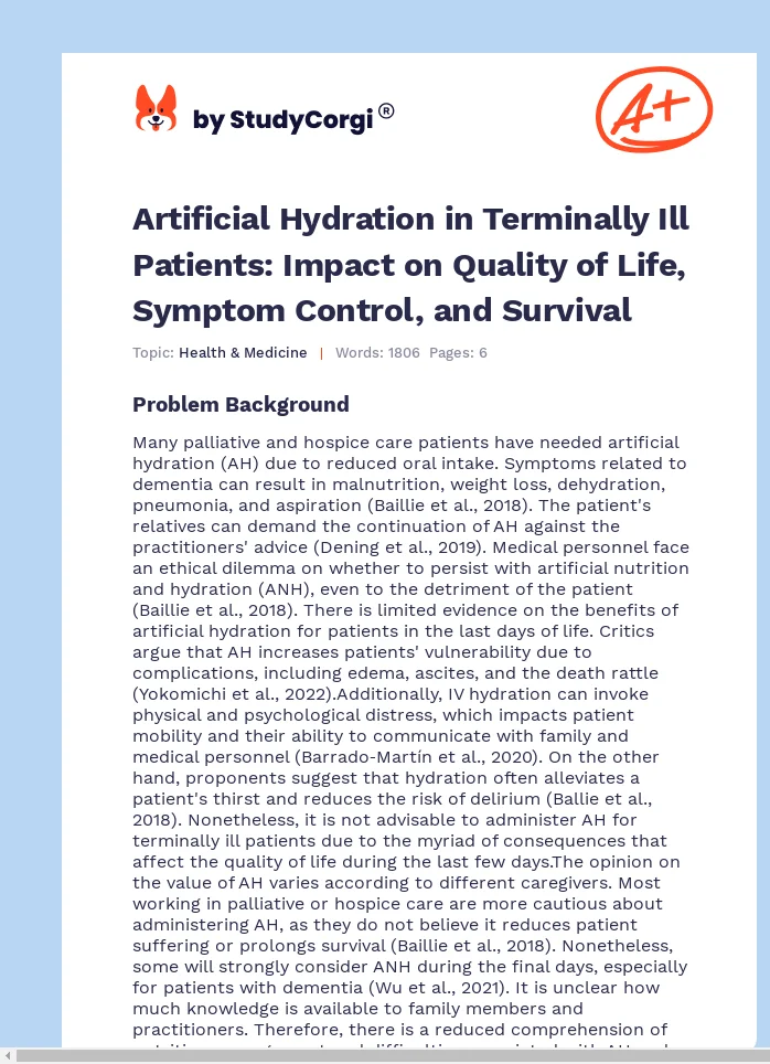 Artificial Hydration in Terminally Ill Patients: Impact on Quality of Life, Symptom Control, and Survival. Page 1