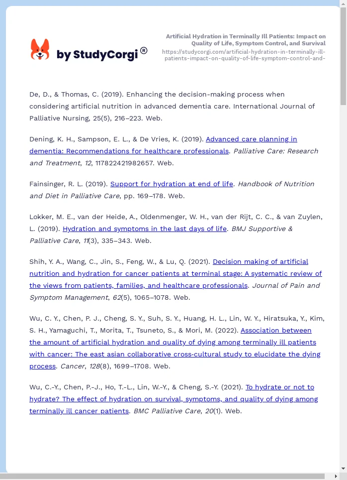 Artificial Hydration in Terminally Ill Patients: Impact on Quality of Life, Symptom Control, and Survival. Page 2