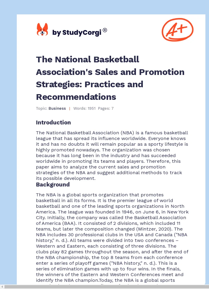 The National Basketball Association's Sales and Promotion Strategies: Practices and Recommendations. Page 1