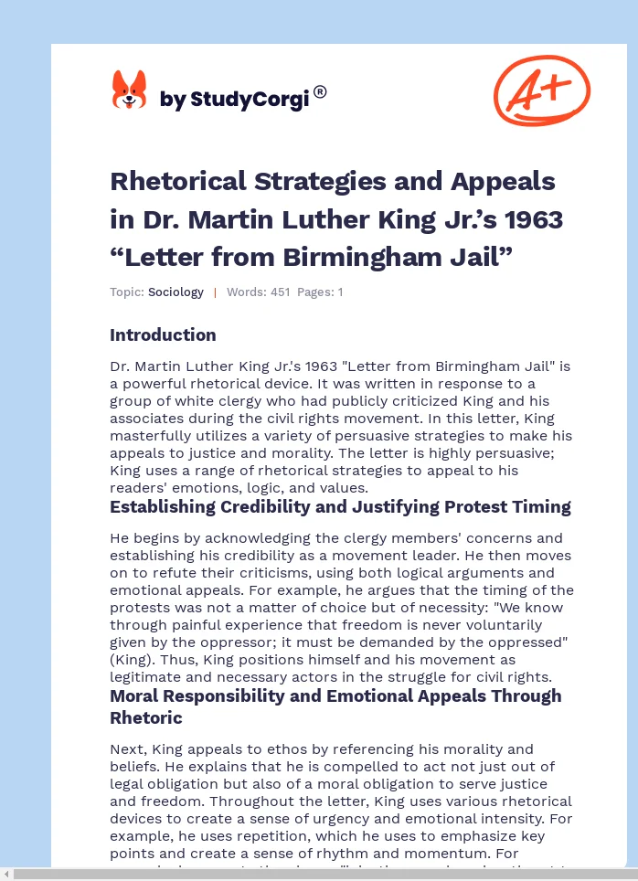 Rhetorical Strategies and Appeals in Dr. Martin Luther King Jr.’s 1963 “Letter from Birmingham Jail”. Page 1