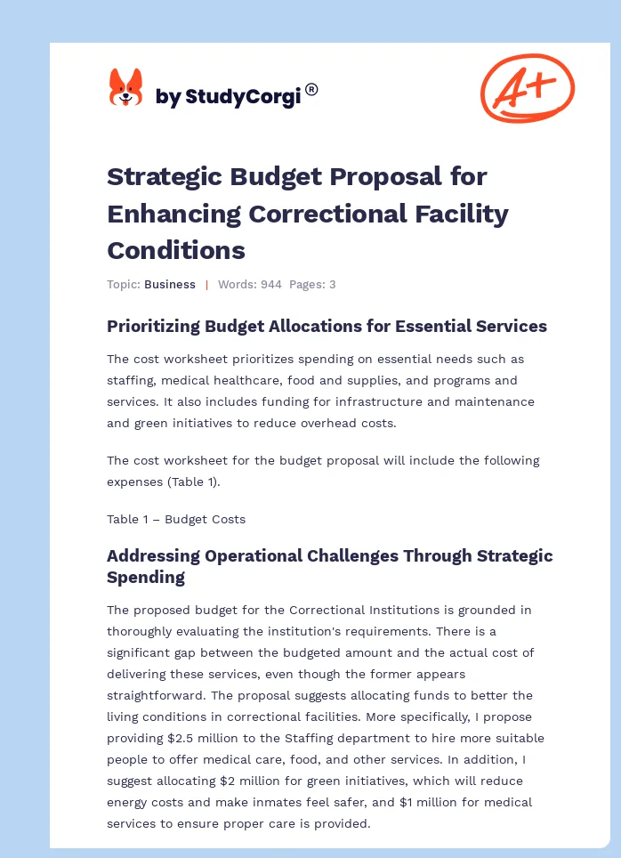 Strategic Budget Proposal for Enhancing Correctional Facility Conditions. Page 1