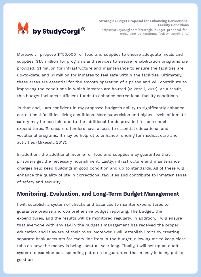 Strategic Budget Proposal for Enhancing Correctional Facility Conditions. Page 2