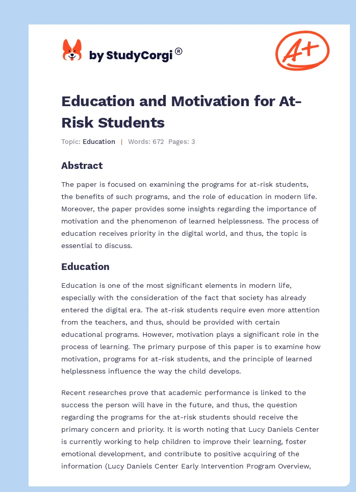 Education and Motivation for At-Risk Students. Page 1
