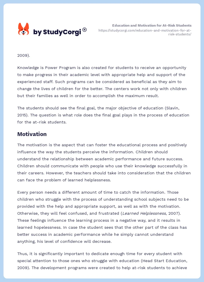 Education and Motivation for At-Risk Students. Page 2