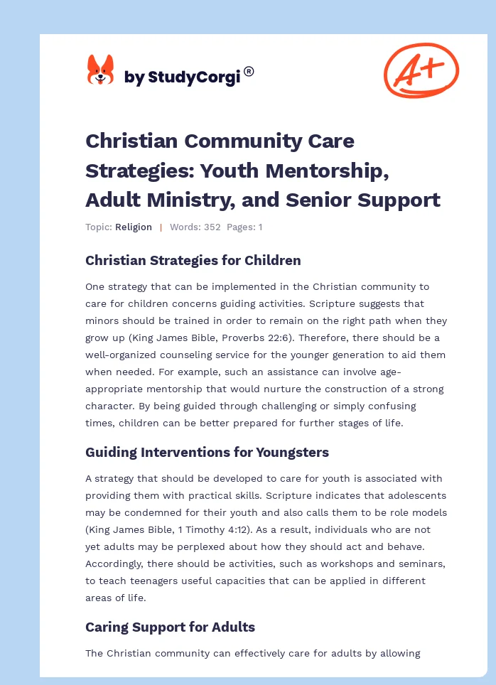 Christian Community Care Strategies: Youth Mentorship, Adult Ministry, and Senior Support. Page 1