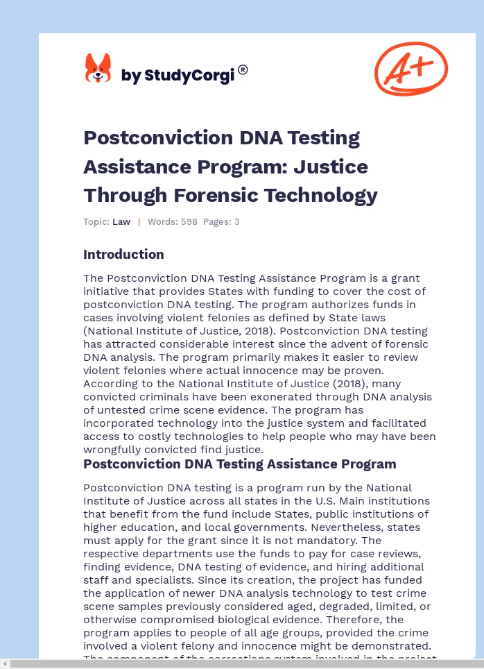 Postconviction DNA Testing Assistance Program: Justice Through Forensic Technology. Page 1