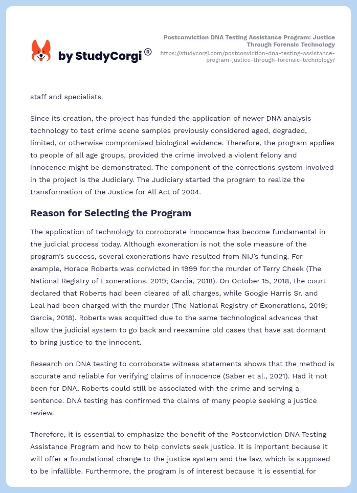 Postconviction DNA Testing Assistance Program: Justice Through Forensic Technology. Page 2