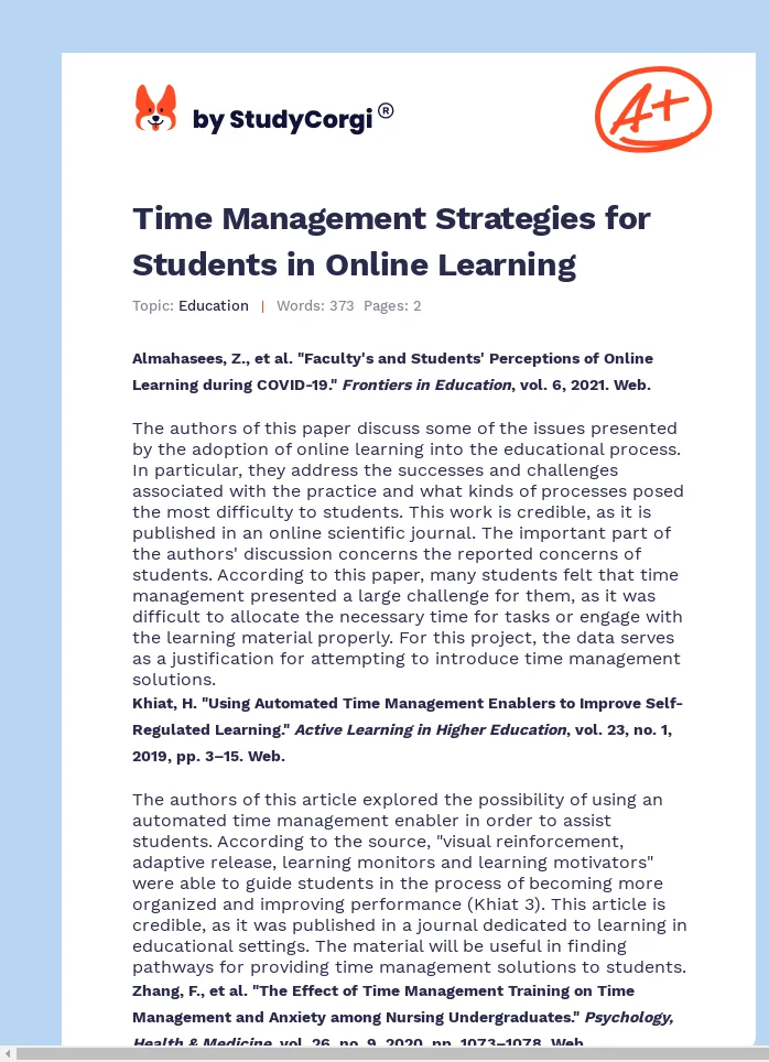 Time Management Strategies for Students in Online Learning. Page 1