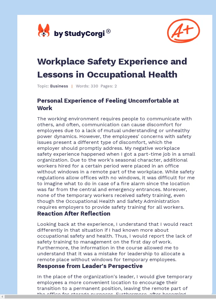 Workplace Safety Experience and Lessons in Occupational Health. Page 1