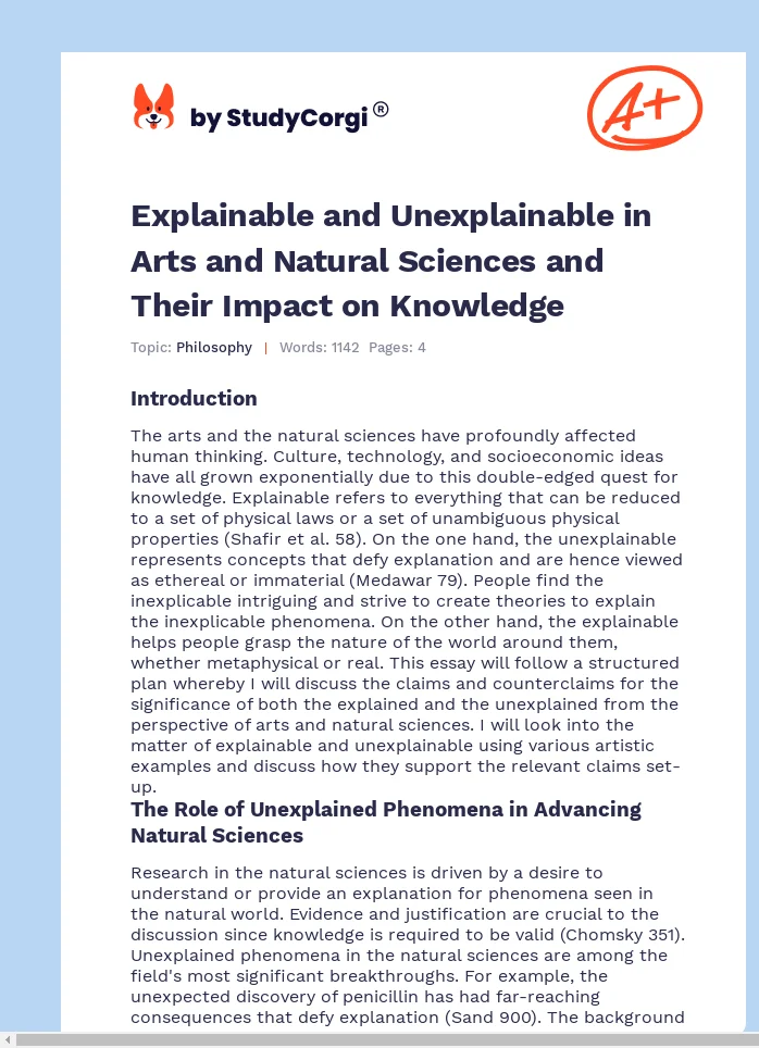 Explainable and Unexplainable in Arts and Natural Sciences and Their Impact on Knowledge. Page 1