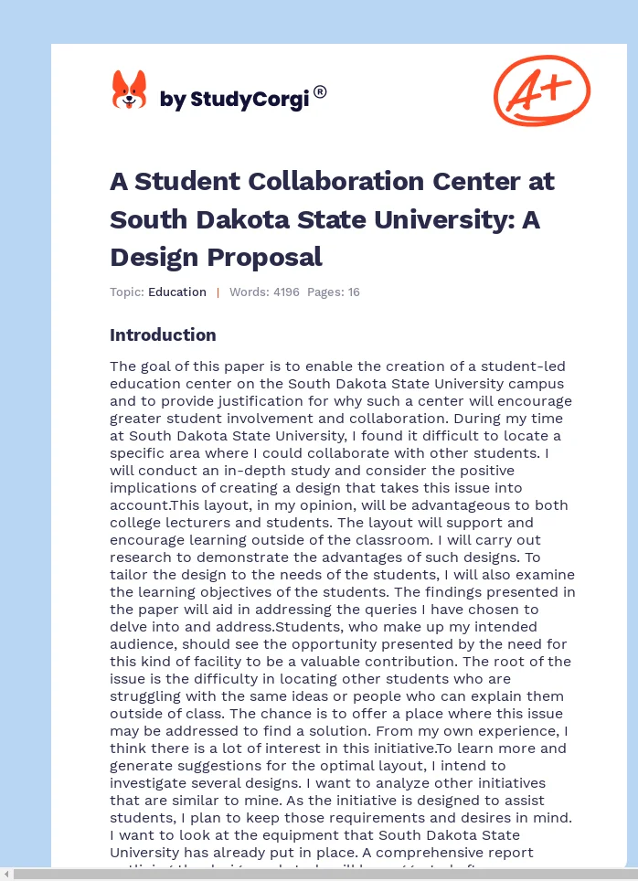 A Student Collaboration Center at South Dakota State University: A Design Proposal. Page 1