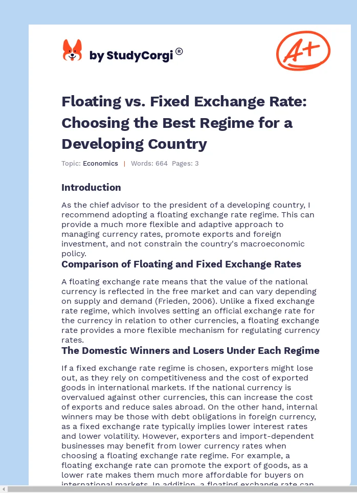 Floating vs. Fixed Exchange Rate: Choosing the Best Regime for a Developing Country. Page 1