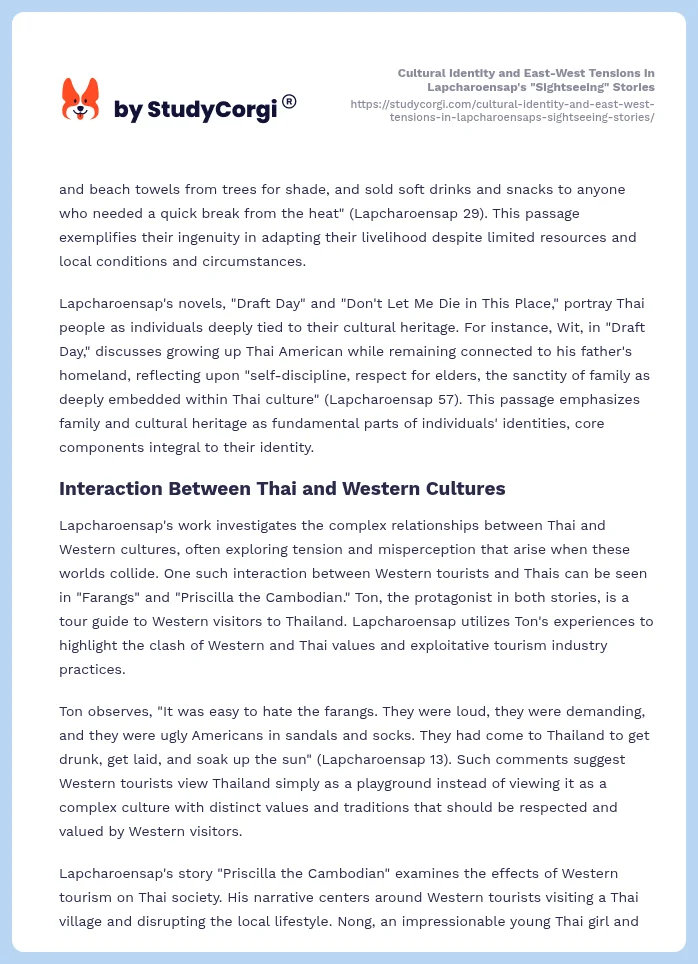 Cultural Identity and East-West Tensions in Lapcharoensap's "Sightseeing" Stories. Page 2