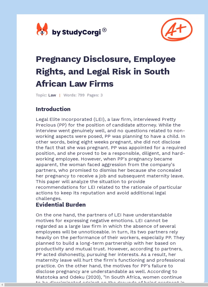 Pregnancy Disclosure, Employee Rights, and Legal Risk in South African Law Firms. Page 1