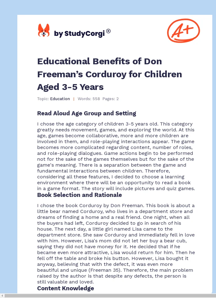 Educational Benefits of Don Freeman’s Corduroy for Children Aged 3-5 Years. Page 1