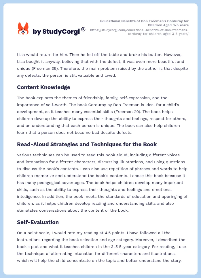 Educational Benefits of Don Freeman’s Corduroy for Children Aged 3-5 Years. Page 2