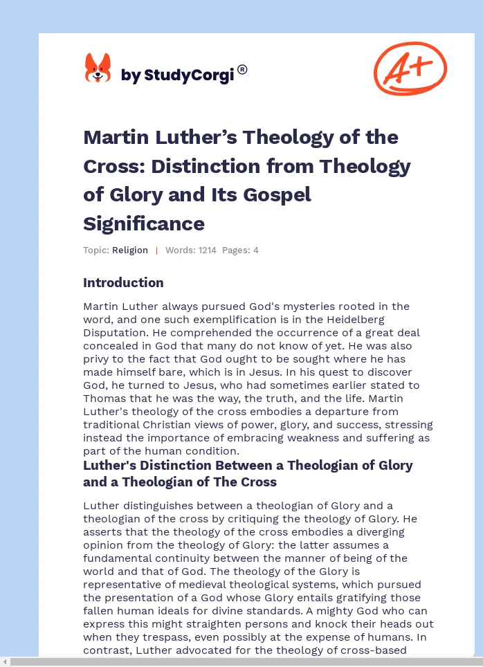 Martin Luther’s Theology of the Cross: Distinction from Theology of Glory and Its Gospel Significance. Page 1