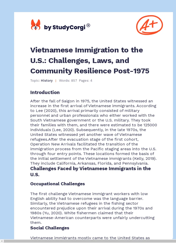 Vietnamese Immigration to the U.S.: Challenges, Laws, and Community Resilience Post-1975. Page 1