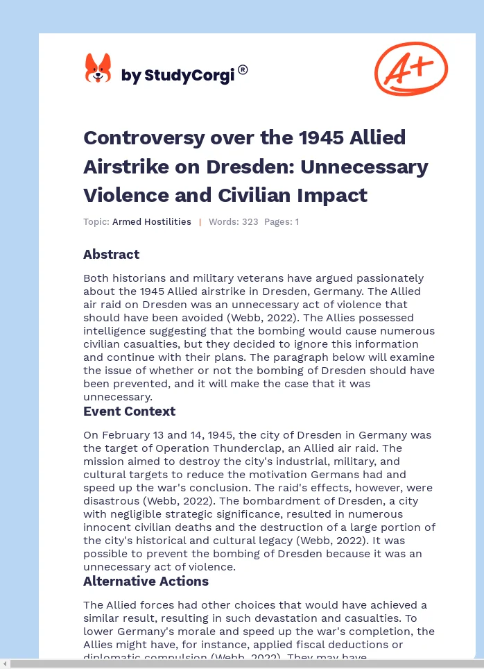 Controversy over the 1945 Allied Airstrike on Dresden: Unnecessary Violence and Civilian Impact. Page 1
