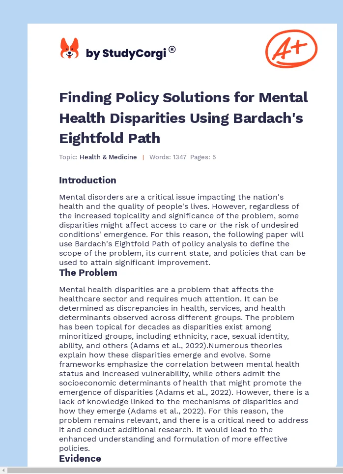Finding Policy Solutions for Mental Health Disparities Using Bardach's Eightfold Path. Page 1