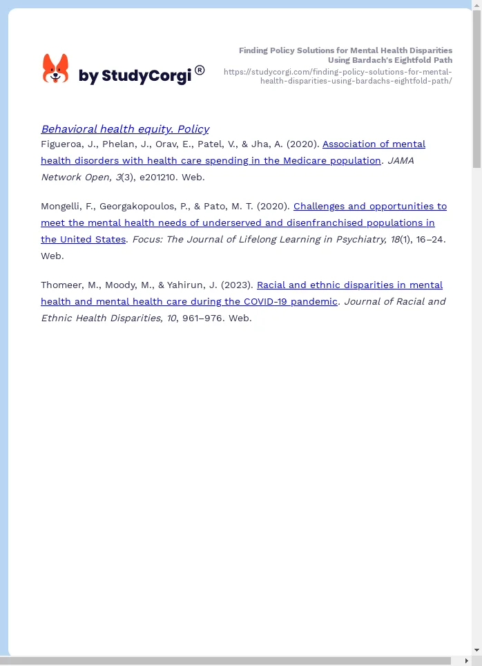 Finding Policy Solutions for Mental Health Disparities Using Bardach's Eightfold Path. Page 2