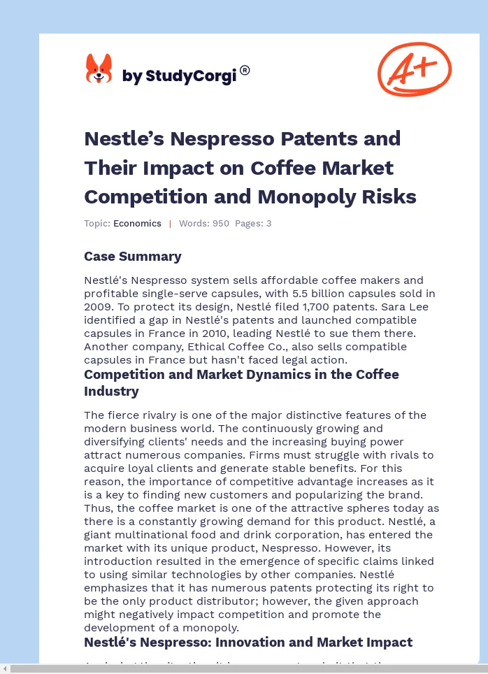 Nestle’s Nespresso Patents and Their Impact on Coffee Market Competition and Monopoly Risks. Page 1