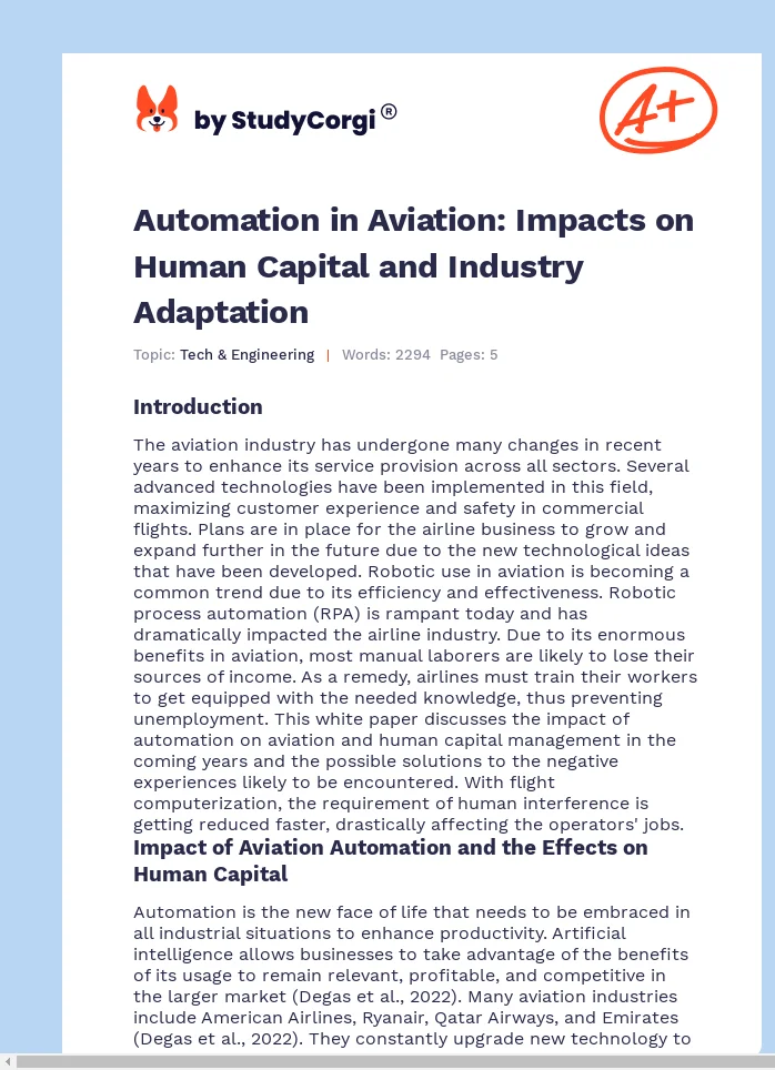 Automation in Aviation: Impacts on Human Capital and Industry Adaptation. Page 1