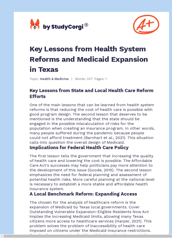 Key Lessons from Health System Reforms and Medicaid Expansion in Texas. Page 1