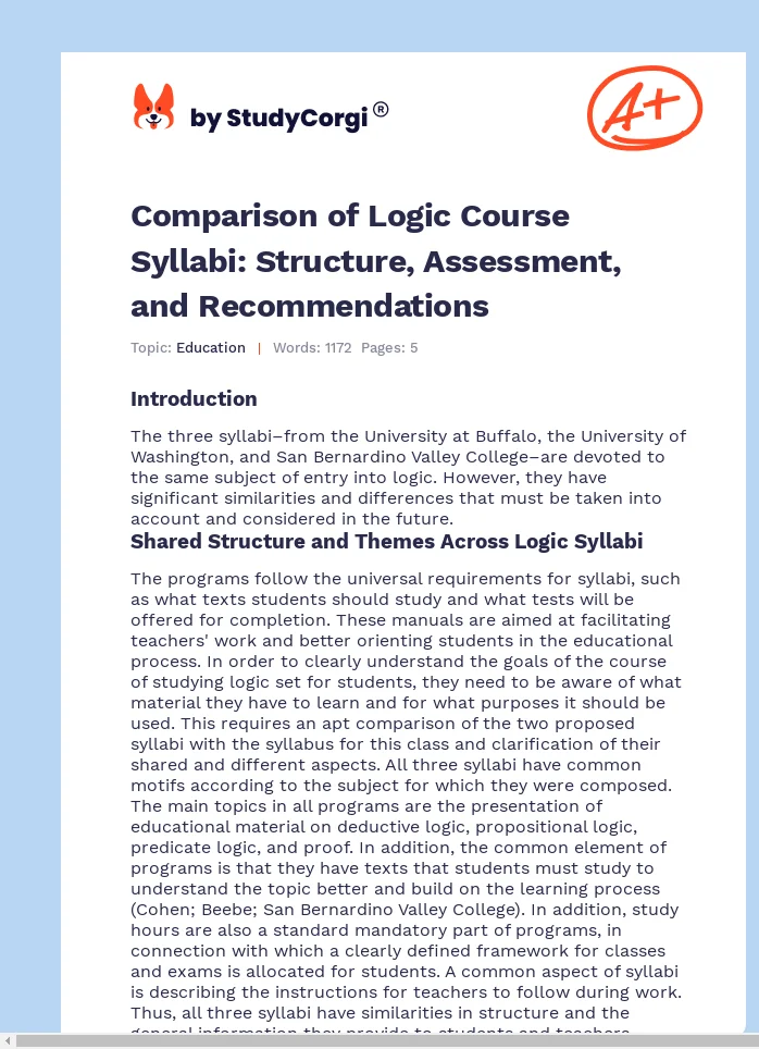 Comparison of Logic Course Syllabi: Structure, Assessment, and Recommendations. Page 1
