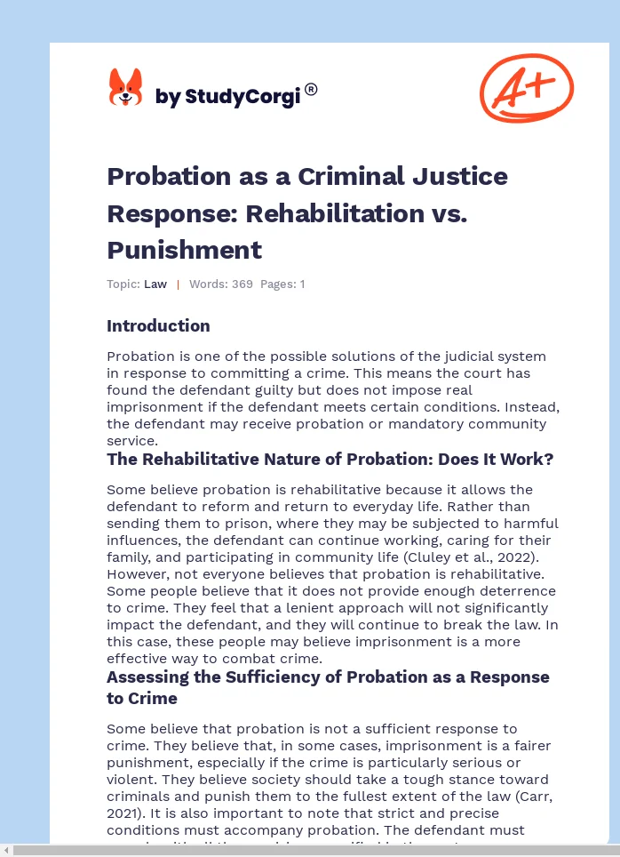 Probation as a Criminal Justice Response: Rehabilitation vs. Punishment. Page 1