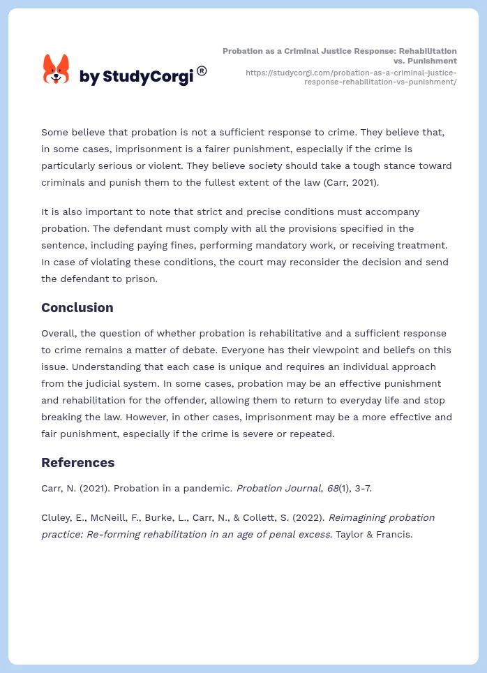 Probation as a Criminal Justice Response: Rehabilitation vs. Punishment. Page 2