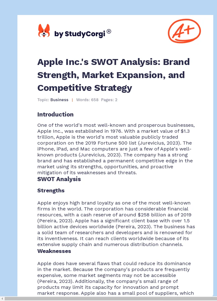 Apple Inc.'s SWOT Analysis: Brand Strength, Market Expansion, and Competitive Strategy. Page 1